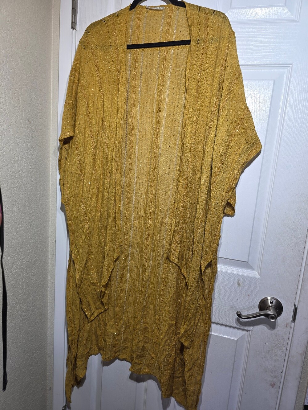 Free People Gold Mustard Open Front Sequin Knit Kimono Cardigan One Size Boho